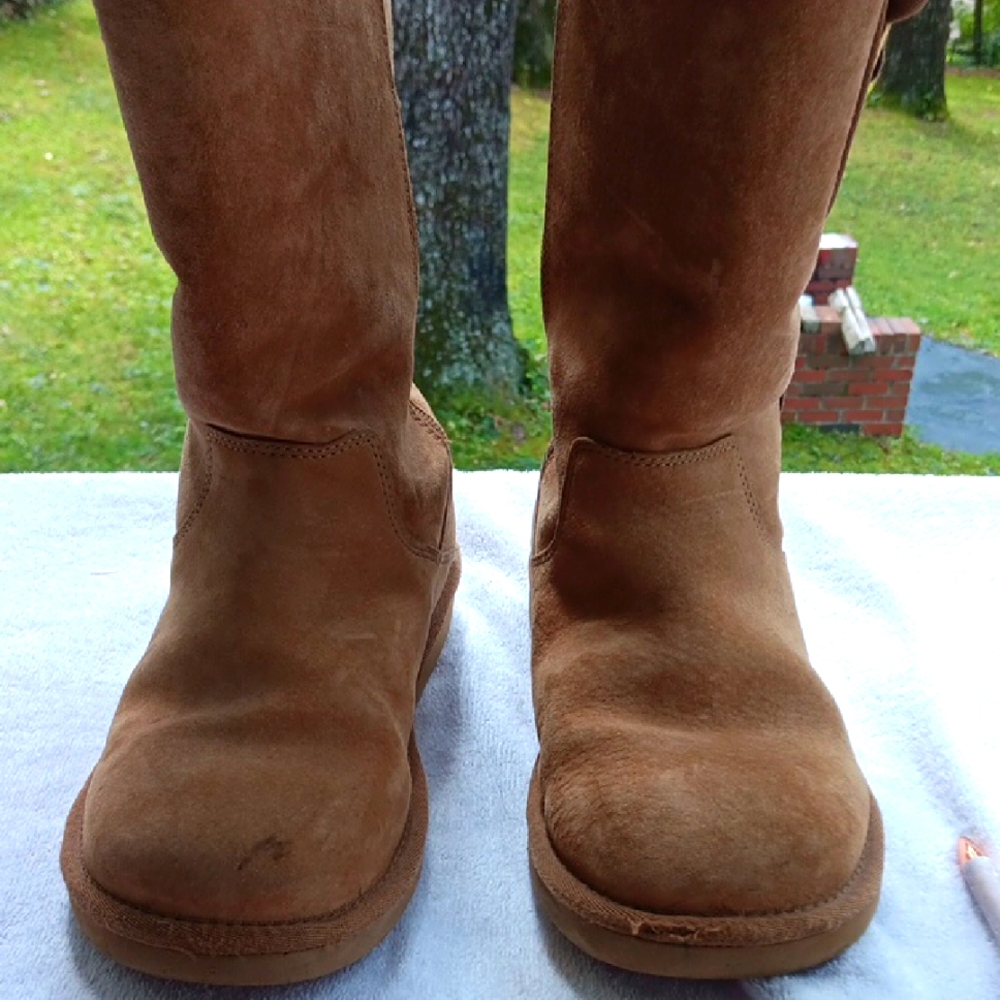UGG Chestnut Suede Boots with Gold Accents